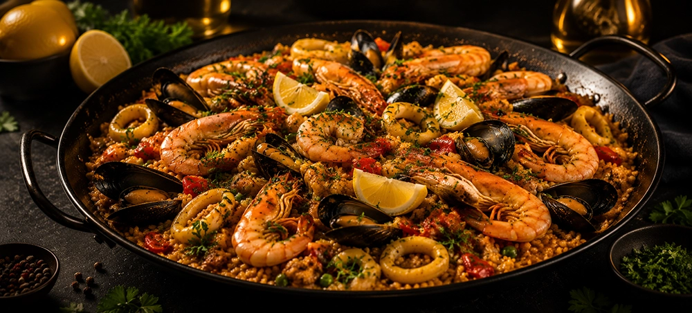 Paella aux fruits de mer et Paella Negra, spécialité de M'KiLa BLOOM à Tanger